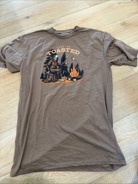 Brown Short-Sleeve Graphic Tee with Campfire Design